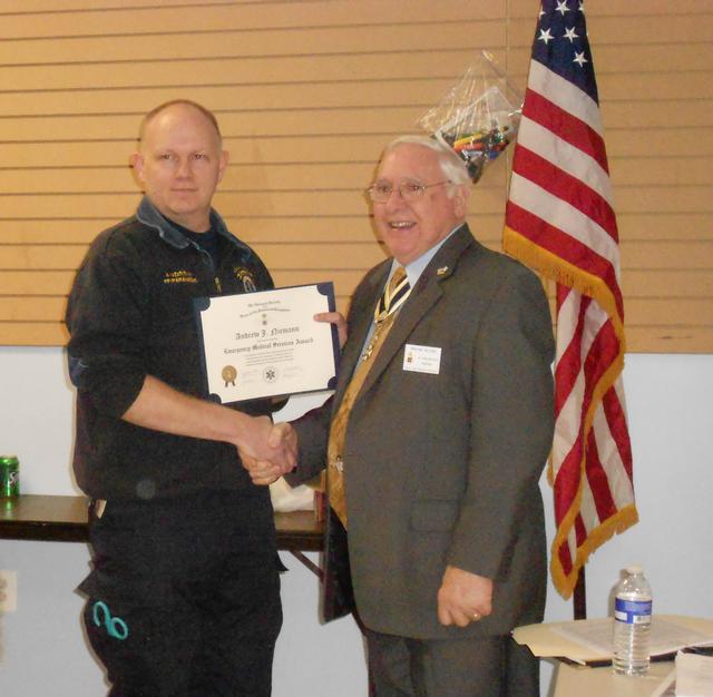 Andrew Niemann receives recognition from Wayne 
Rauss, President of the Col Fielding Chapter of the Sons of the American Revolution. Feb 2013