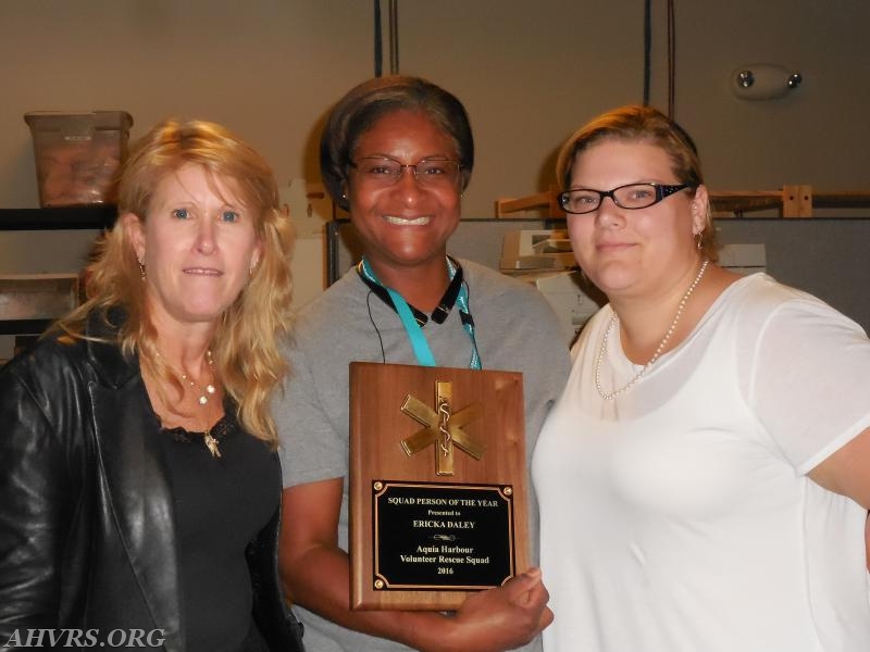 Ericka Daley(center) receives her Award for Squad Member of the Year Award 2016
flanked by Rescue Chief Patricia Copeland and President Angela Wilhelm