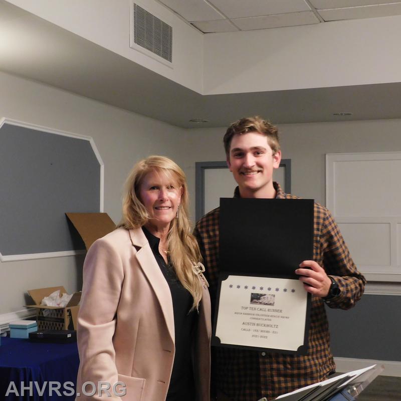 Austin Buckholtz- A Top 10 Call runner with Rescue Chief Patricia Copeland ---Aquia Harbour Volunteer Rescue Installation of Officers 2022-2023